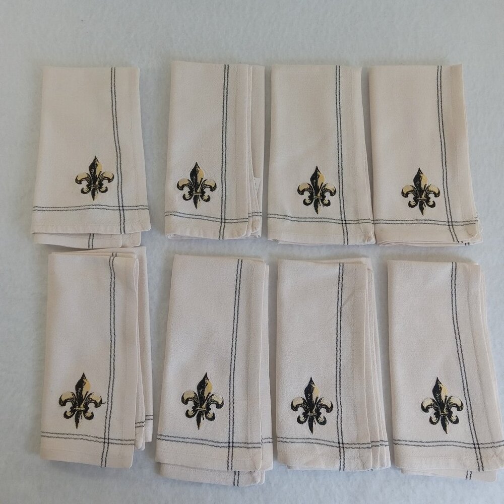 8 Fleur De Lis Cotton Napkins 17"x17" Beige Black Gold Embroidered Dinner Set